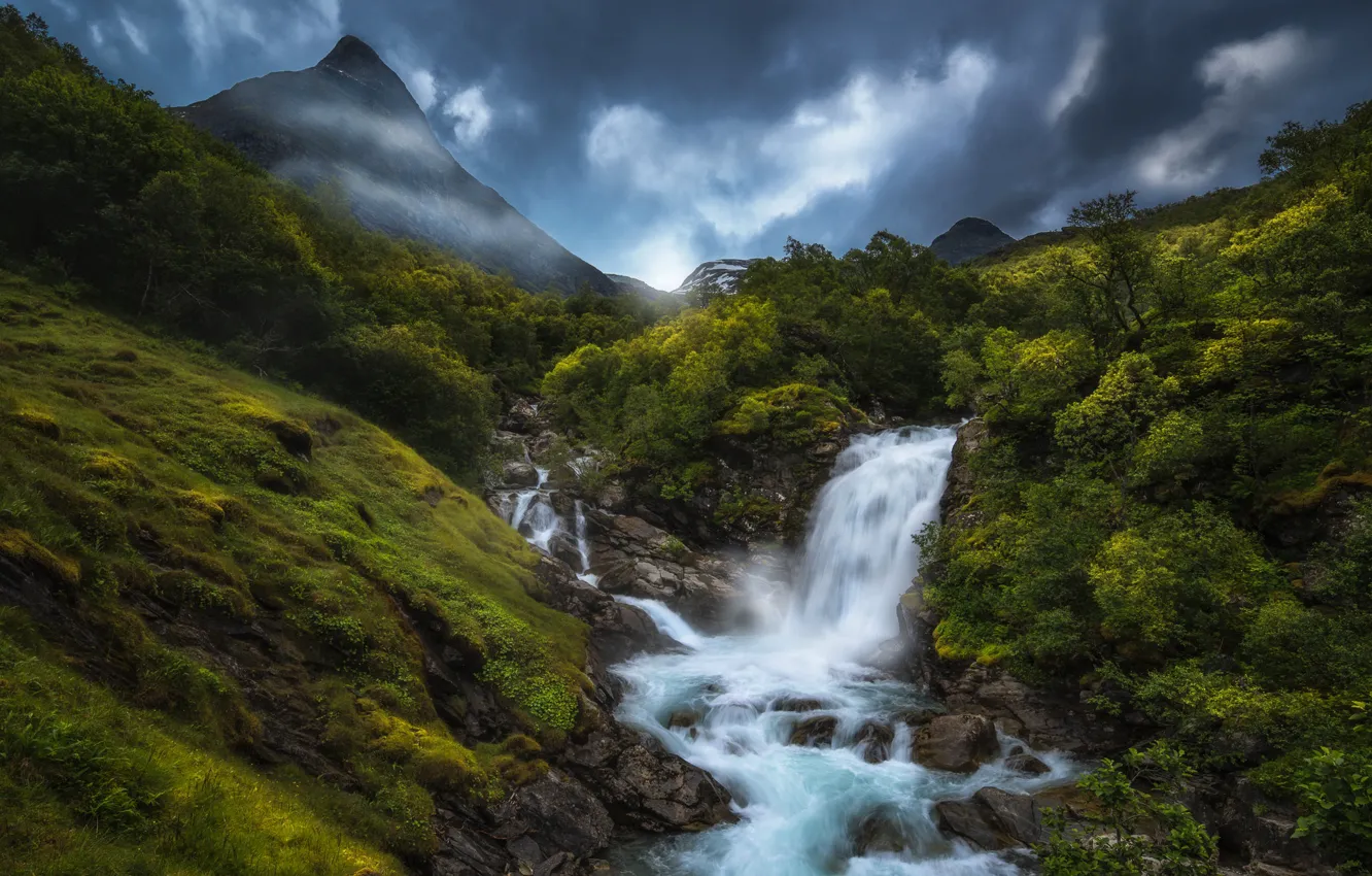 Photo wallpaper the sky, trees, mountains, nature, waterfall, Norway, Norway, Ole Henrik Skjelstad
