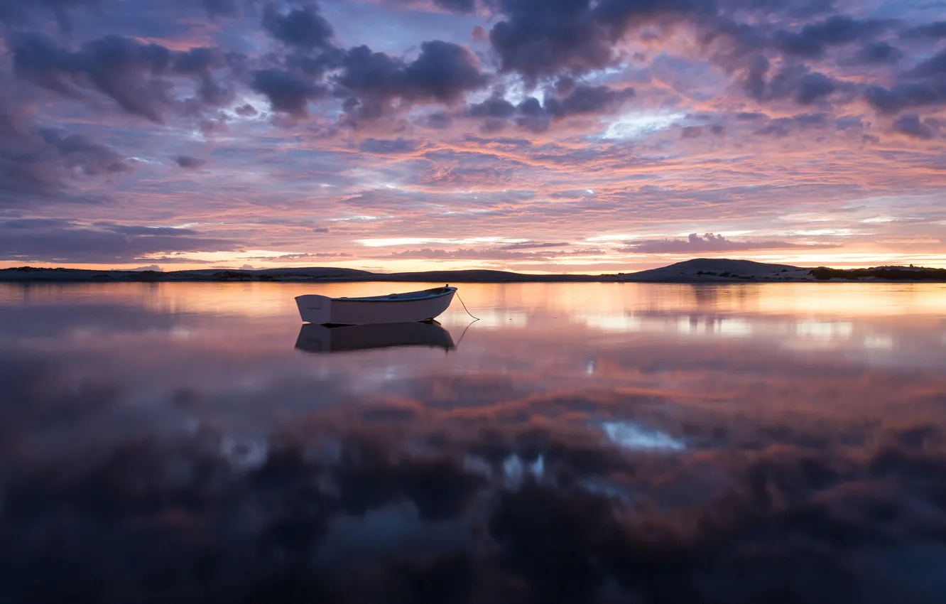 Photo wallpaper the sky, clouds, sunset, reflection, shore, boat, the evening, New Zealand
