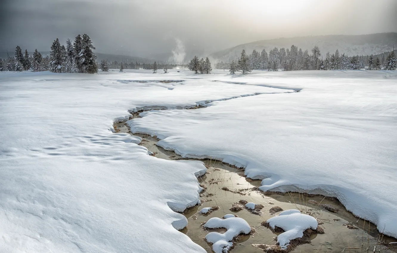 Photo wallpaper winter, field, river