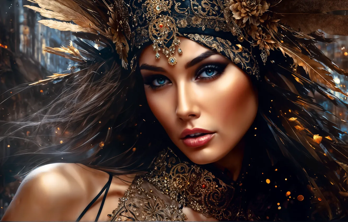 Photo wallpaper look, decoration, portrait, feathers, brunette, blue eyes, beautiful girl, blue eyes