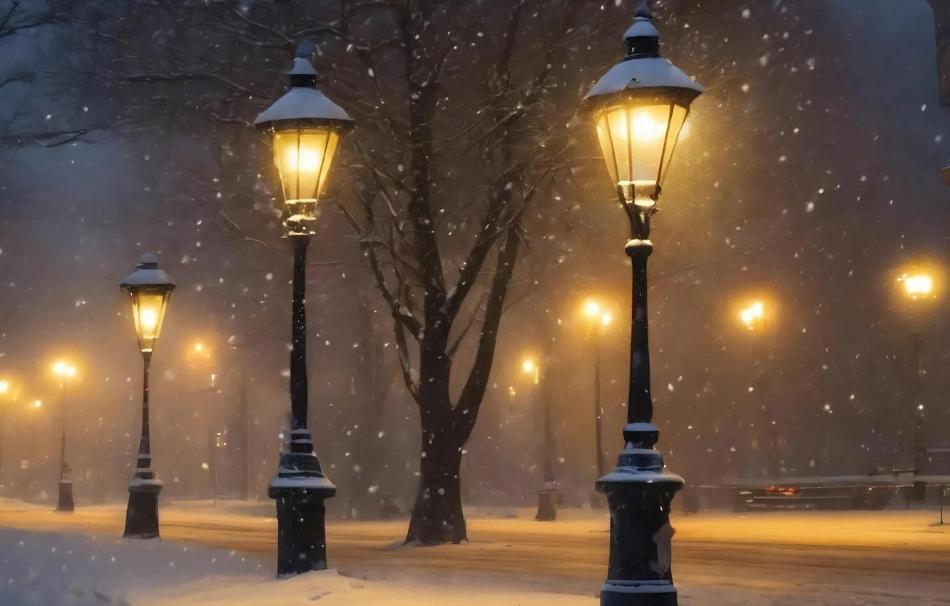 Photo wallpaper winter, snow, night, street, Board, new year, Christmas, lights