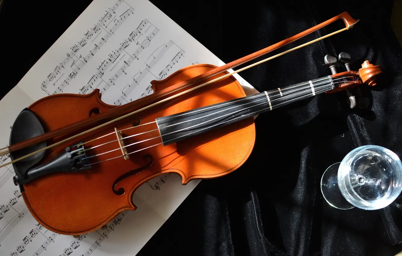 Photo wallpaper notes, music, violin, glass, strings, tool, bow