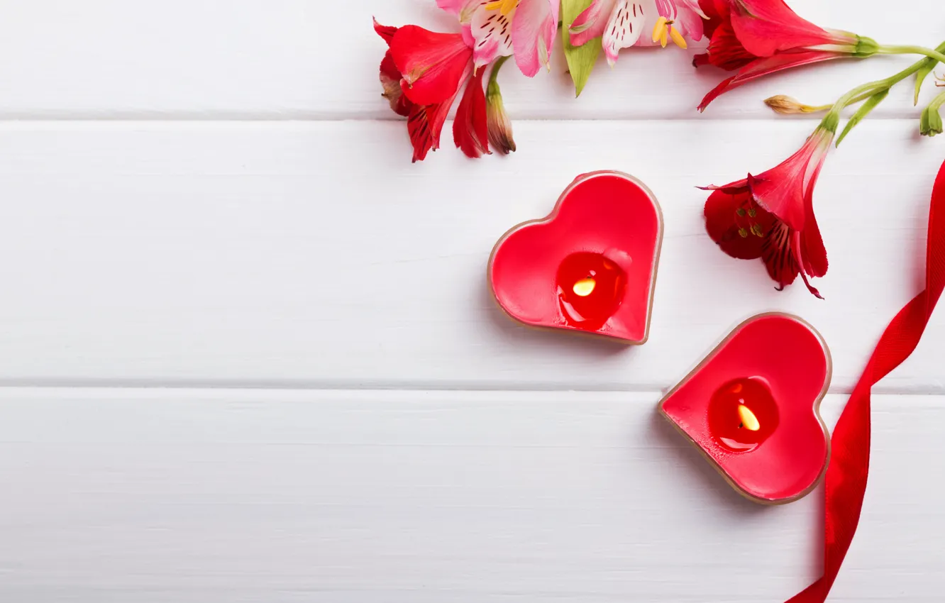 Photo wallpaper flowers, candles, hearts, red, flowers, romantic, hearts, Valentine's Day