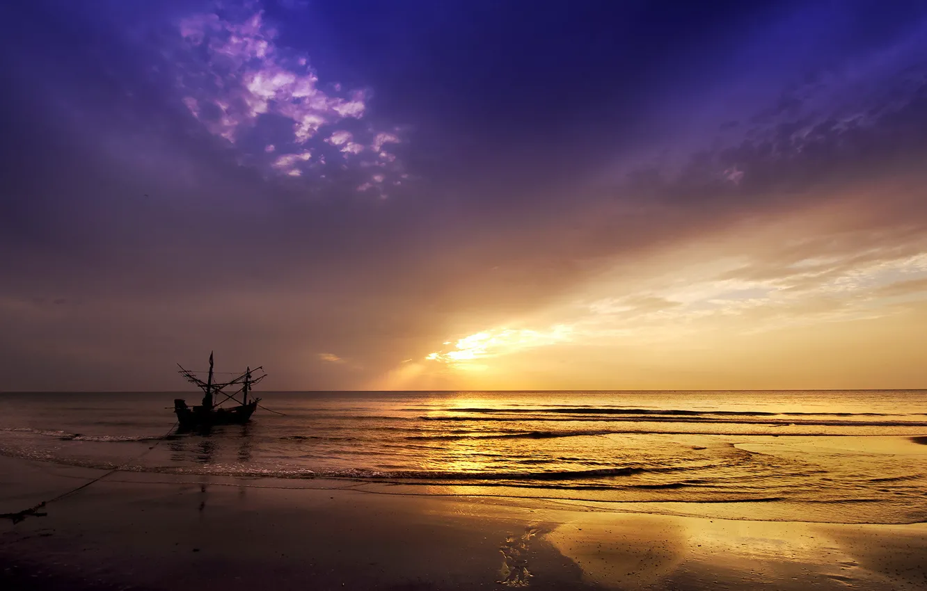 Photo wallpaper sea, landscape, sunset, boat