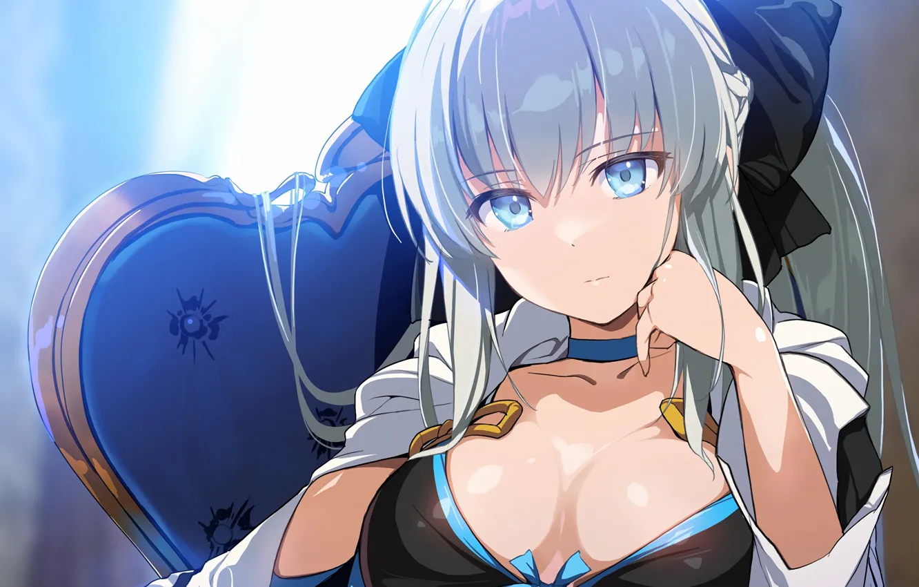 Photo wallpaper girl, sexy, cleavage, blouse, long hair, boobs, anime, blue eyes