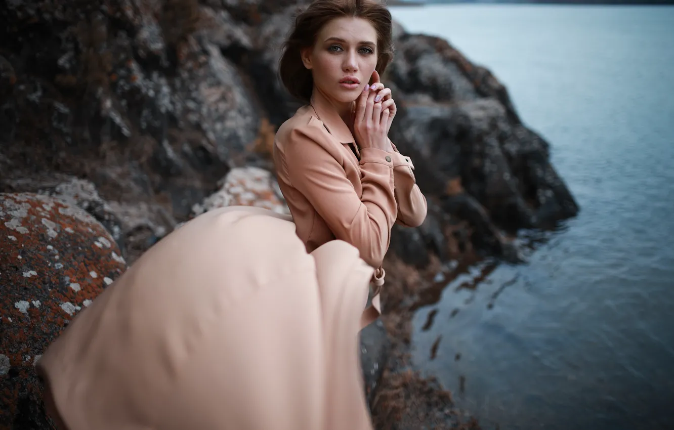 Photo wallpaper water, girl, rocks, dress, hairstyle, faith, Anton Montbrillant, Anton Levchenko