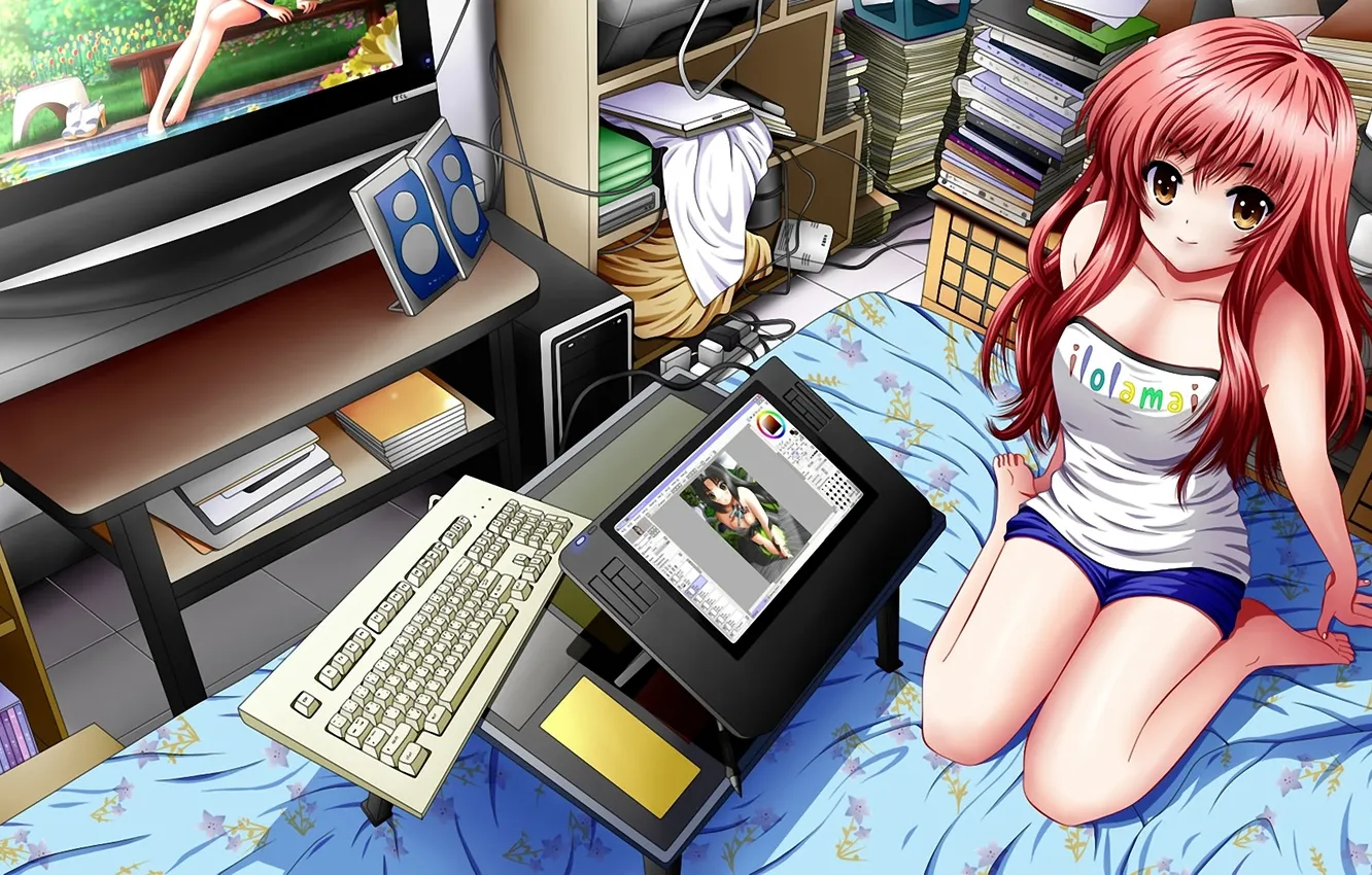 Photo wallpaper computer, girl, smile, TV, art, bed, book, drives