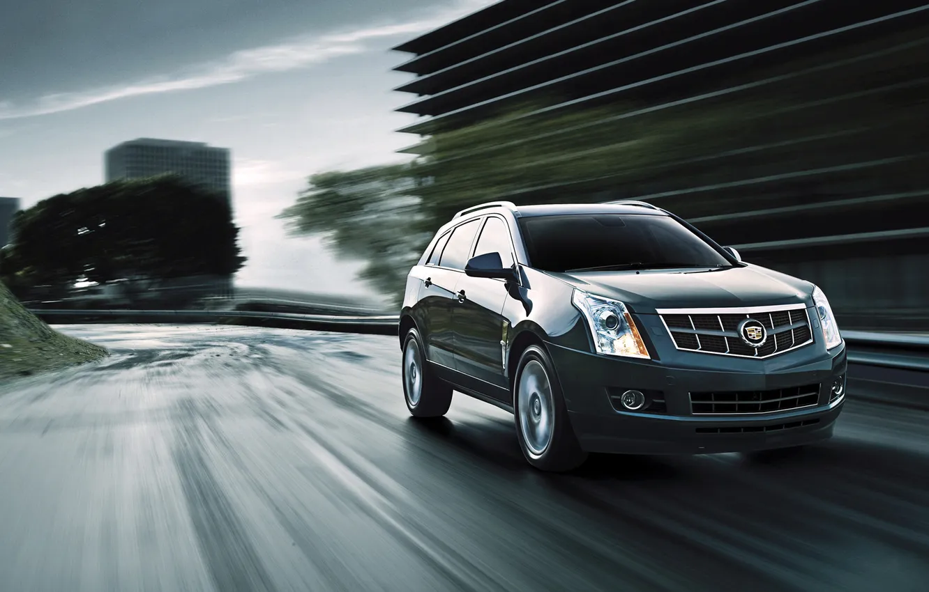 Photo wallpaper auto, the city, lights, Cadillac, jeep, SUV, in motion, the front