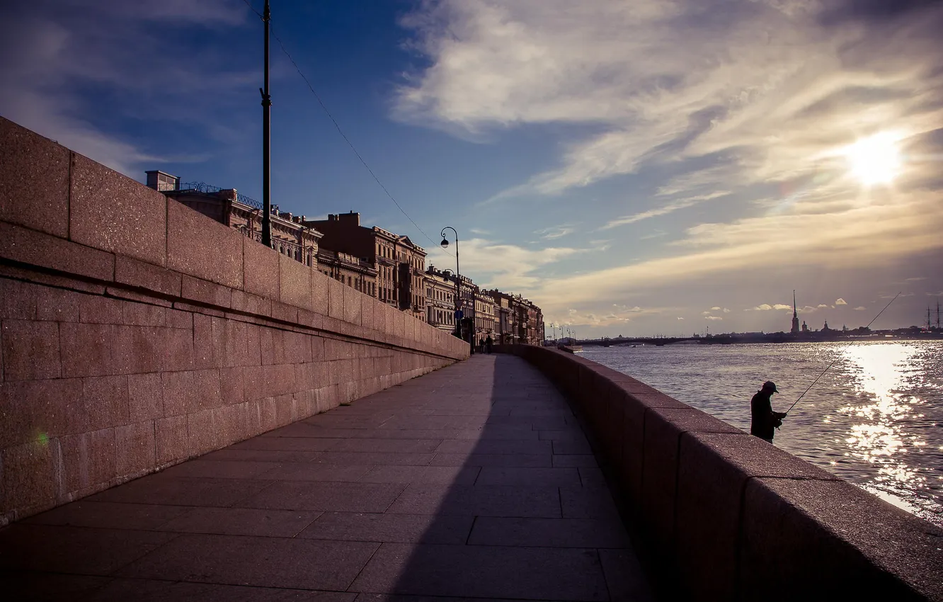 Photo wallpaper river, building, home, Peter, Saint Petersburg, Russia, promenade, Neva