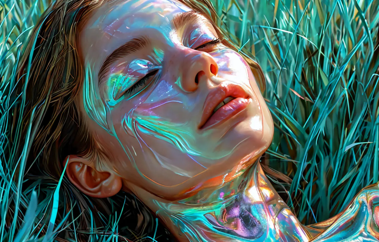 Photo wallpaper grass, girl, neon, mint, Mother of pearl