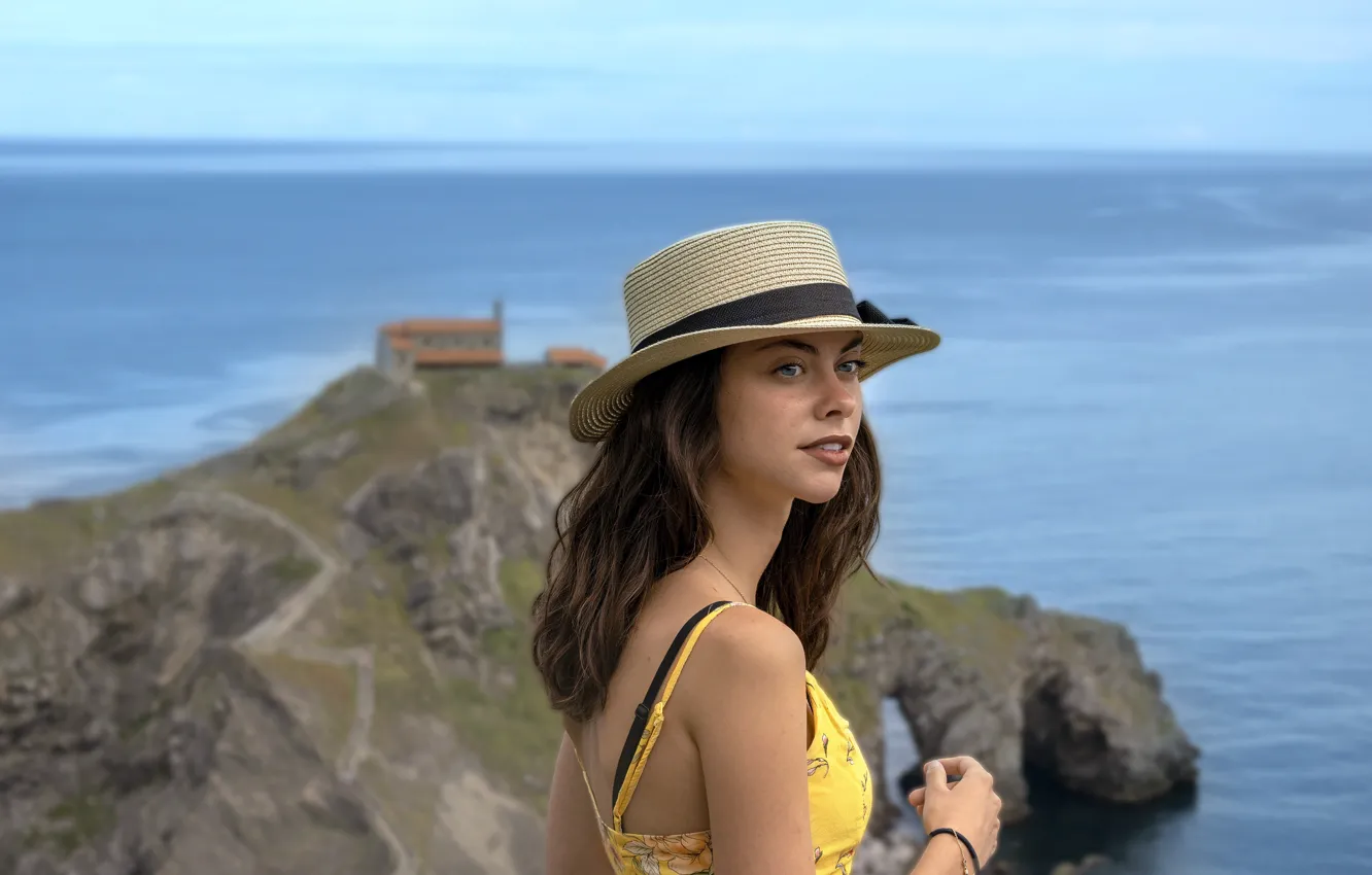 Photo wallpaper girl, summer, beach, ocean, coast, hat, brunette, vacation