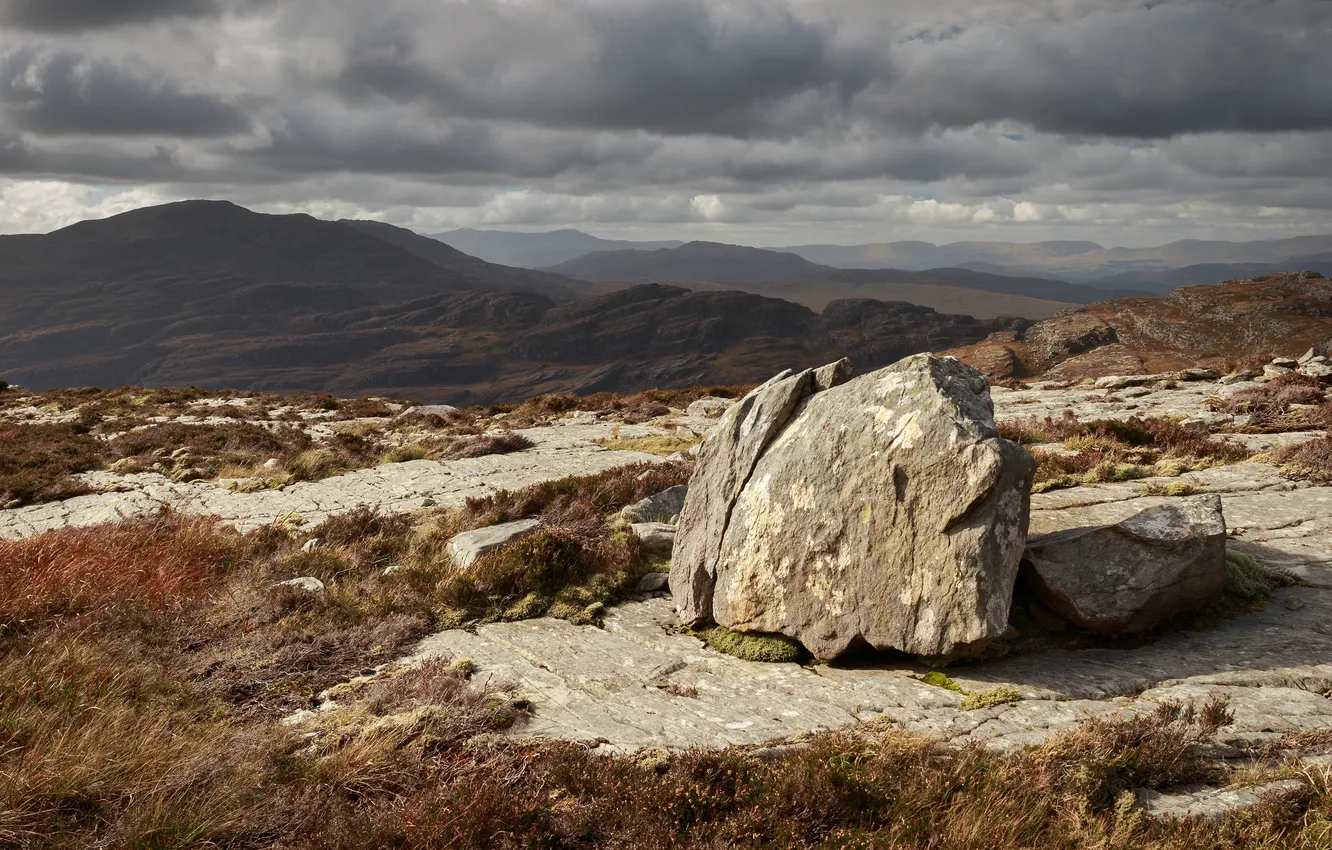 Photo wallpaper mountains, clouds, stones, vegetation, stones