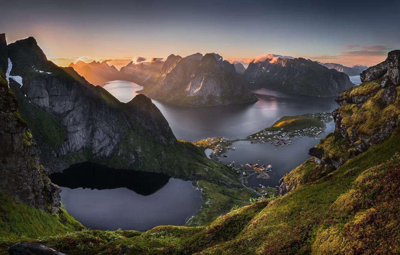 Photo wallpaper sea, the sky, light, mountains, lake, stones, rocks, dawn