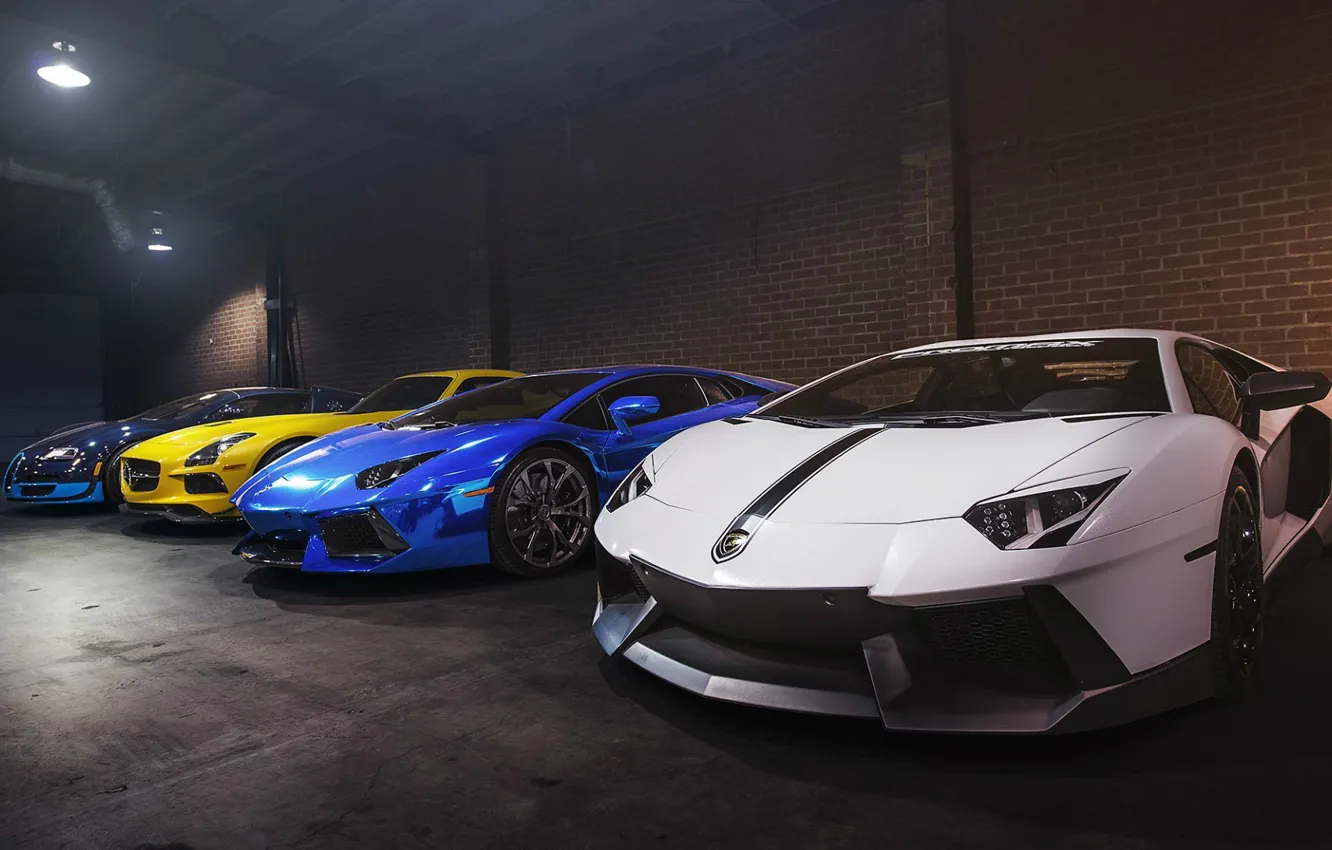 Photo wallpaper Lamborghini, Bugatti, Mercedes, Veyron, SLS, Aventador