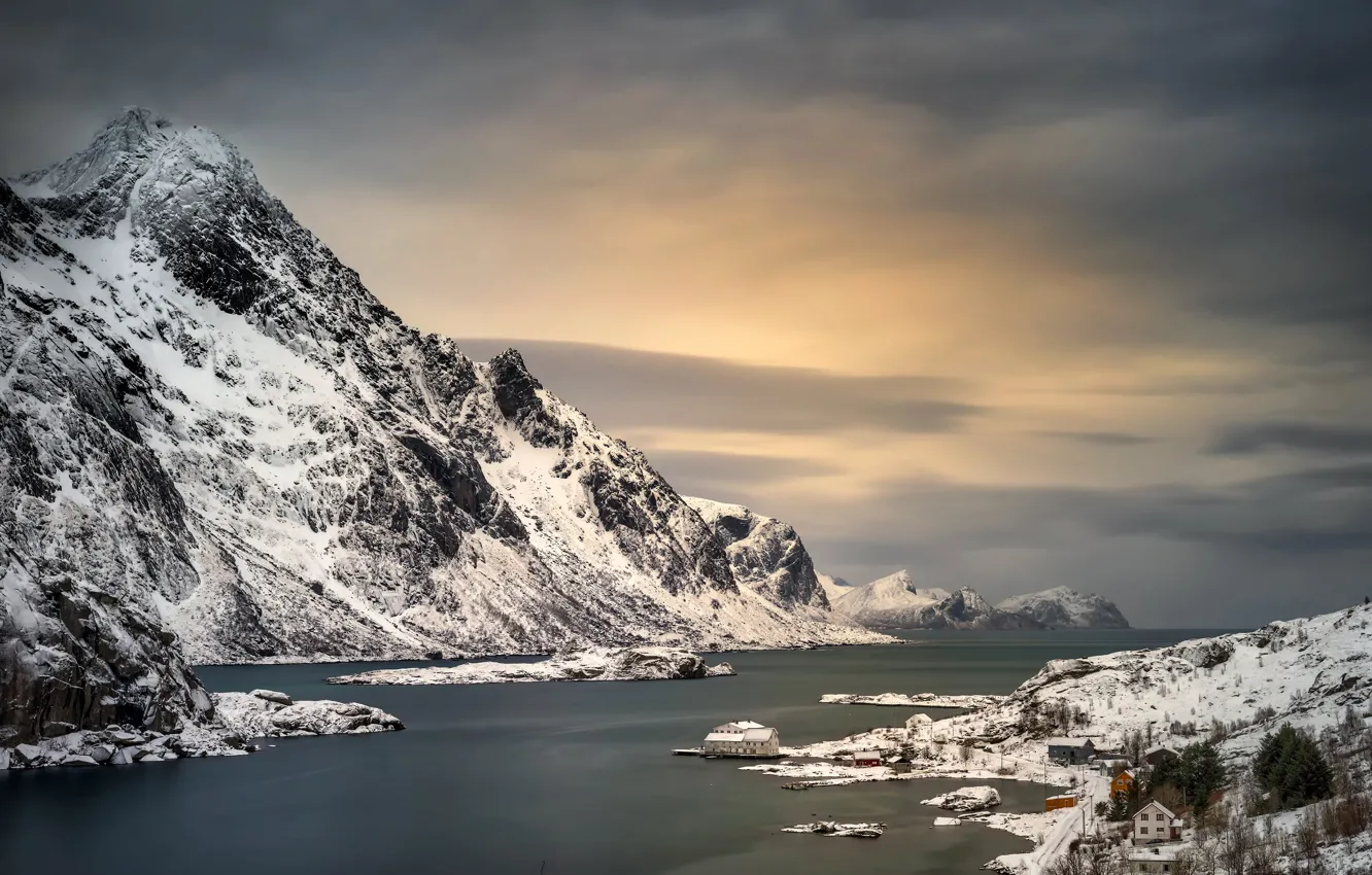 Photo wallpaper winter, sea, snow, mountains, stones, rocks, shore, Norway