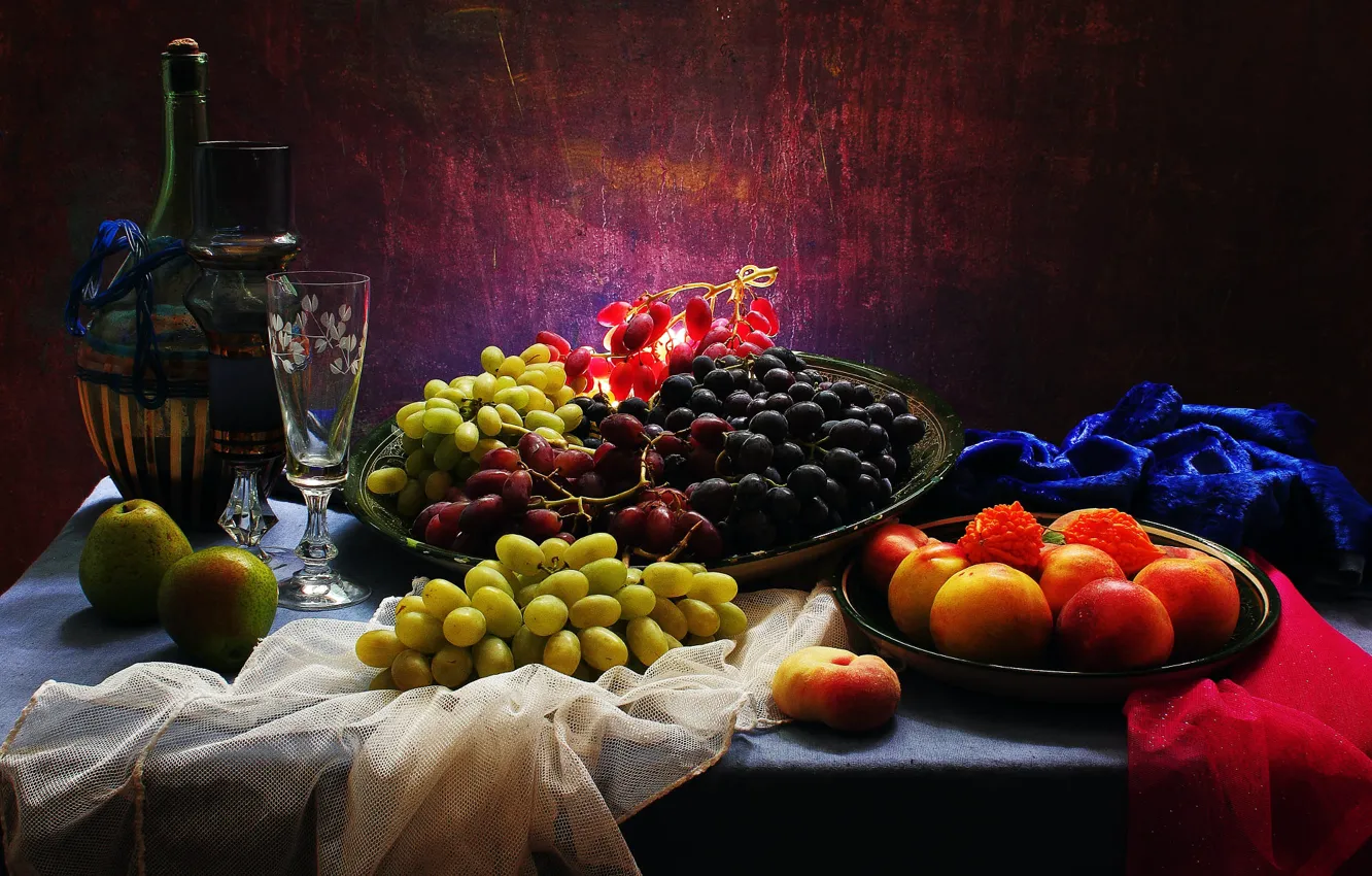 Photo wallpaper wine, glass, bottle, food, grapes, drink, fruit, still life