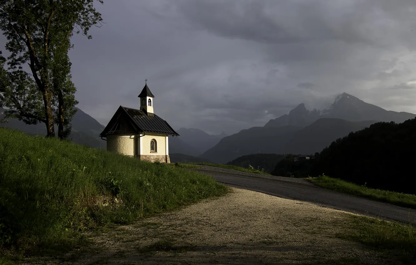 Photo wallpaper landscape, mountains, clouds, nature, track, Germany, Alps, chapel