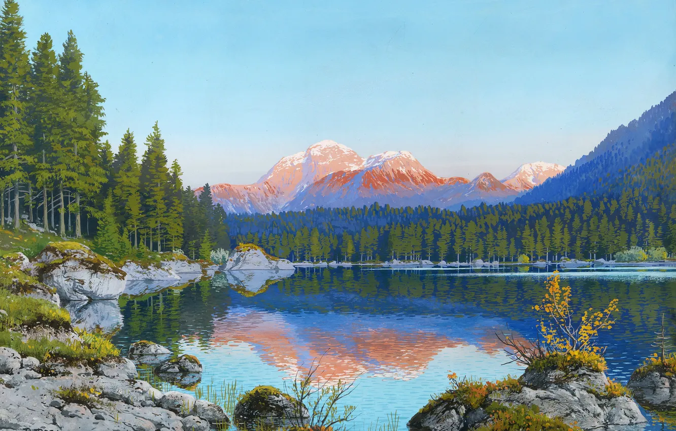 Photo wallpaper trees, landscape, lake, picture, Rudolf Reschreiter, Rudolf Reschreiter, German Mountain Artist, Hintersee in Ramsau