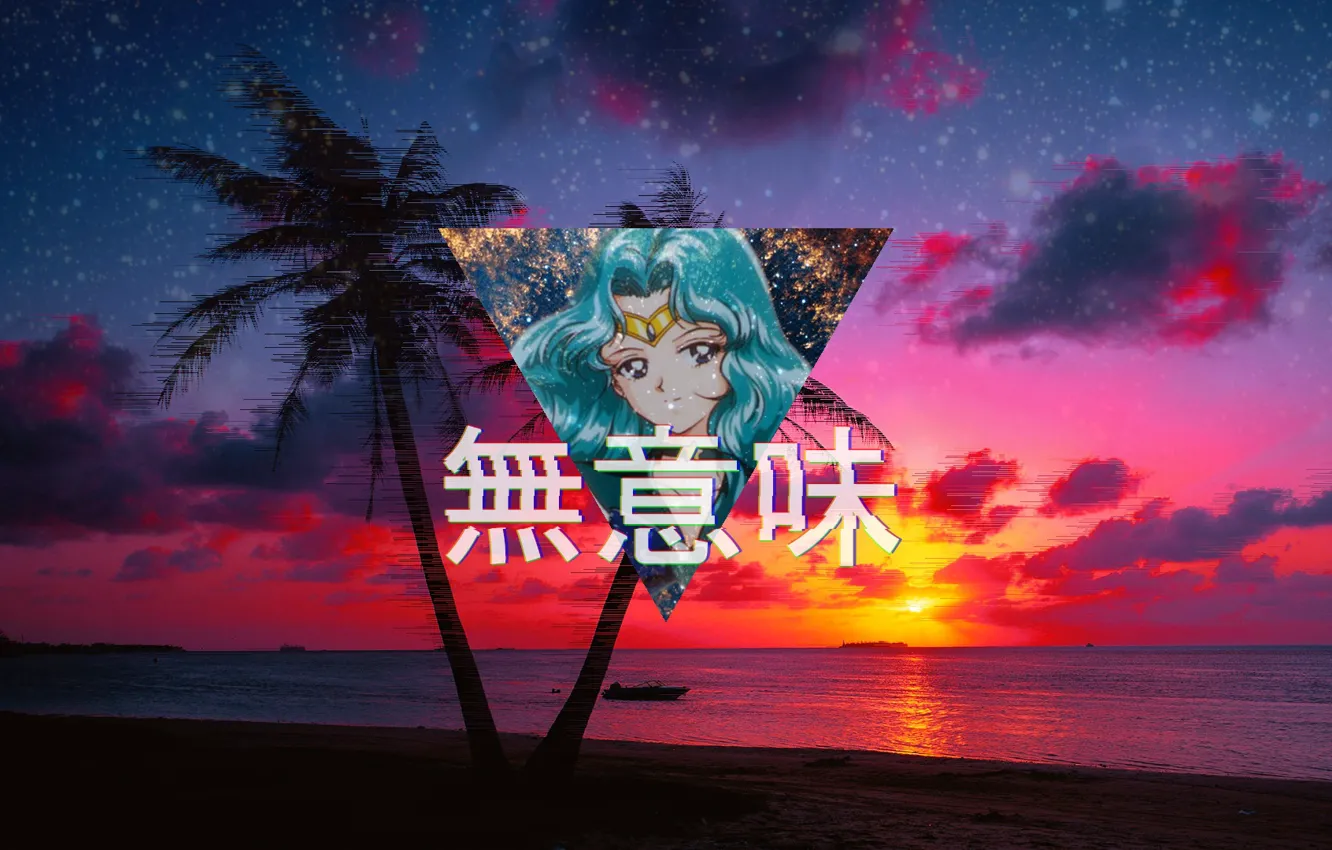 Photo wallpaper beach, sunset, palm trees, characters, Chinese, sailor moon, Sailor Moon, Vaporwave