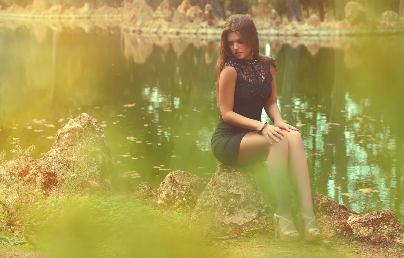 Photo wallpaper river, stones, dress, legs, Sonia Ortiz