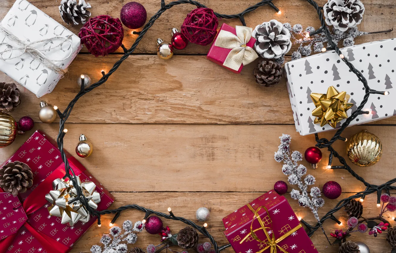Photo wallpaper decoration, New Year, Christmas, gifts, garland, Christmas, wood, New Year