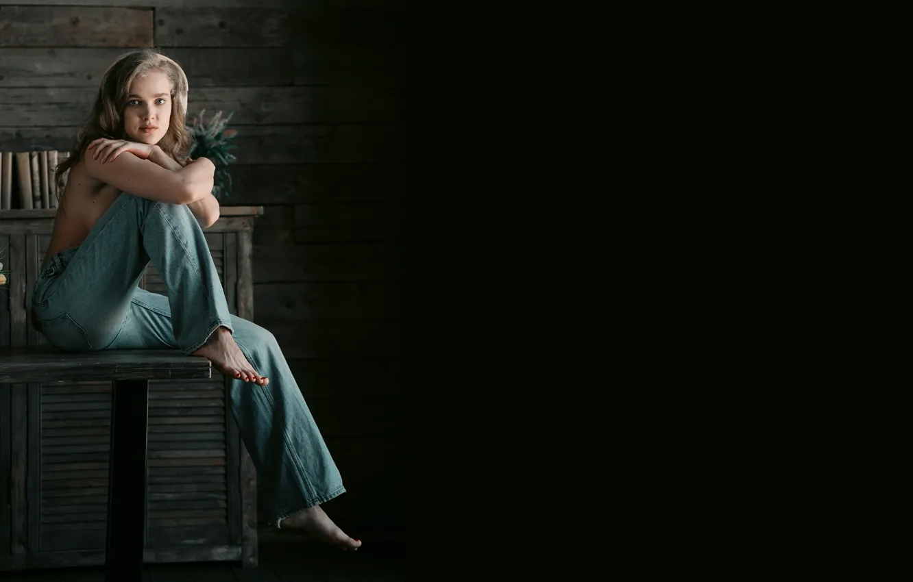 Photo wallpaper look, girl, table, model, jeans, headphones, beauty, Vladimir Stefanovic