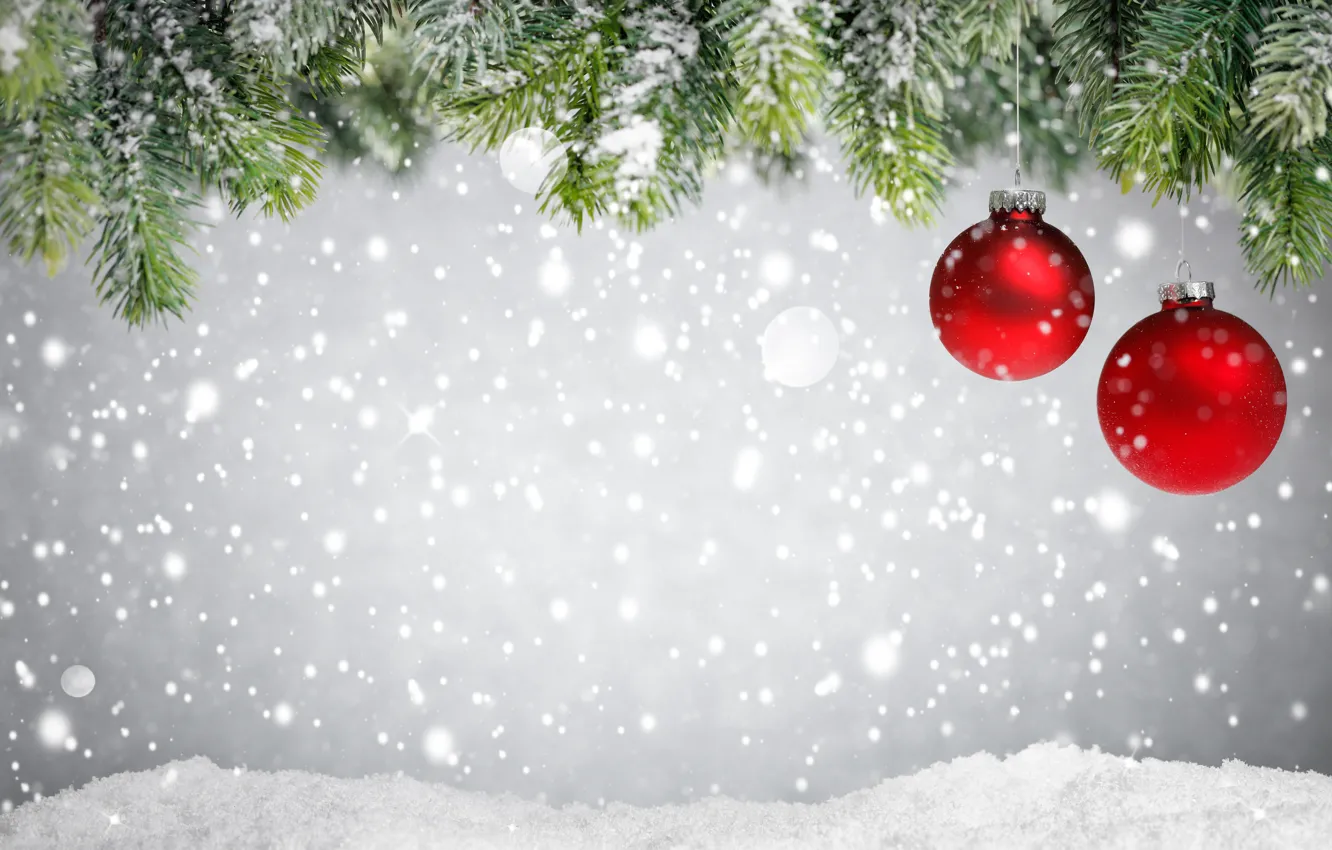 Photo wallpaper winter, snow, decoration, balls, tree, new year, Christmas, Christmas