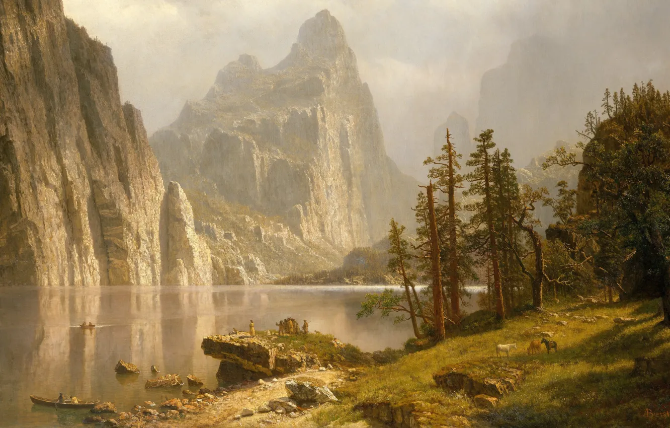 Photo wallpaper picture, painting, Yosemite Valley, painting, Albert Bierstadt, Merced River