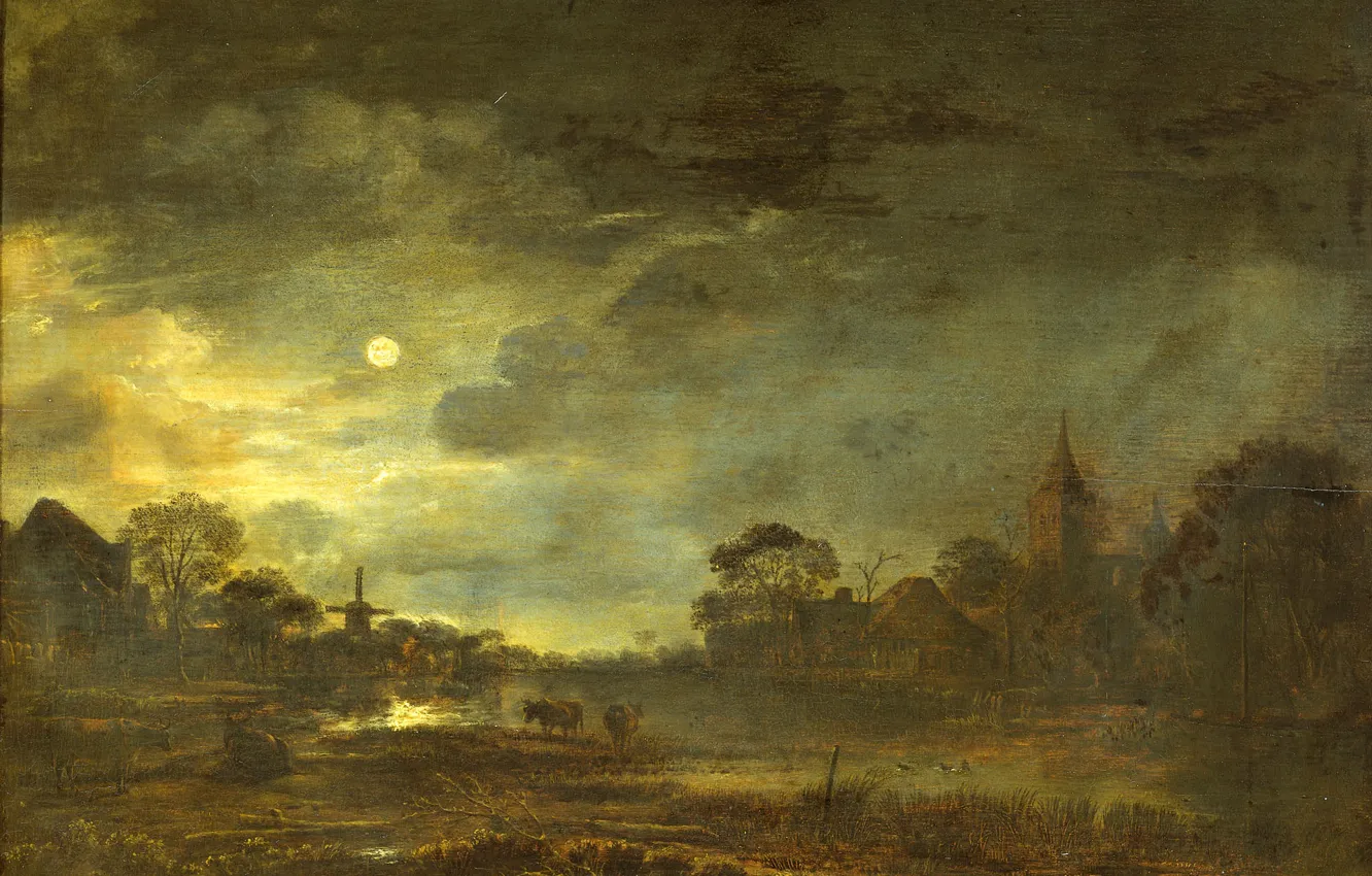 Photo wallpaper oil, picture, Landscape in the Moonlight, Art van der NEER, Aert van der Neer, 1677