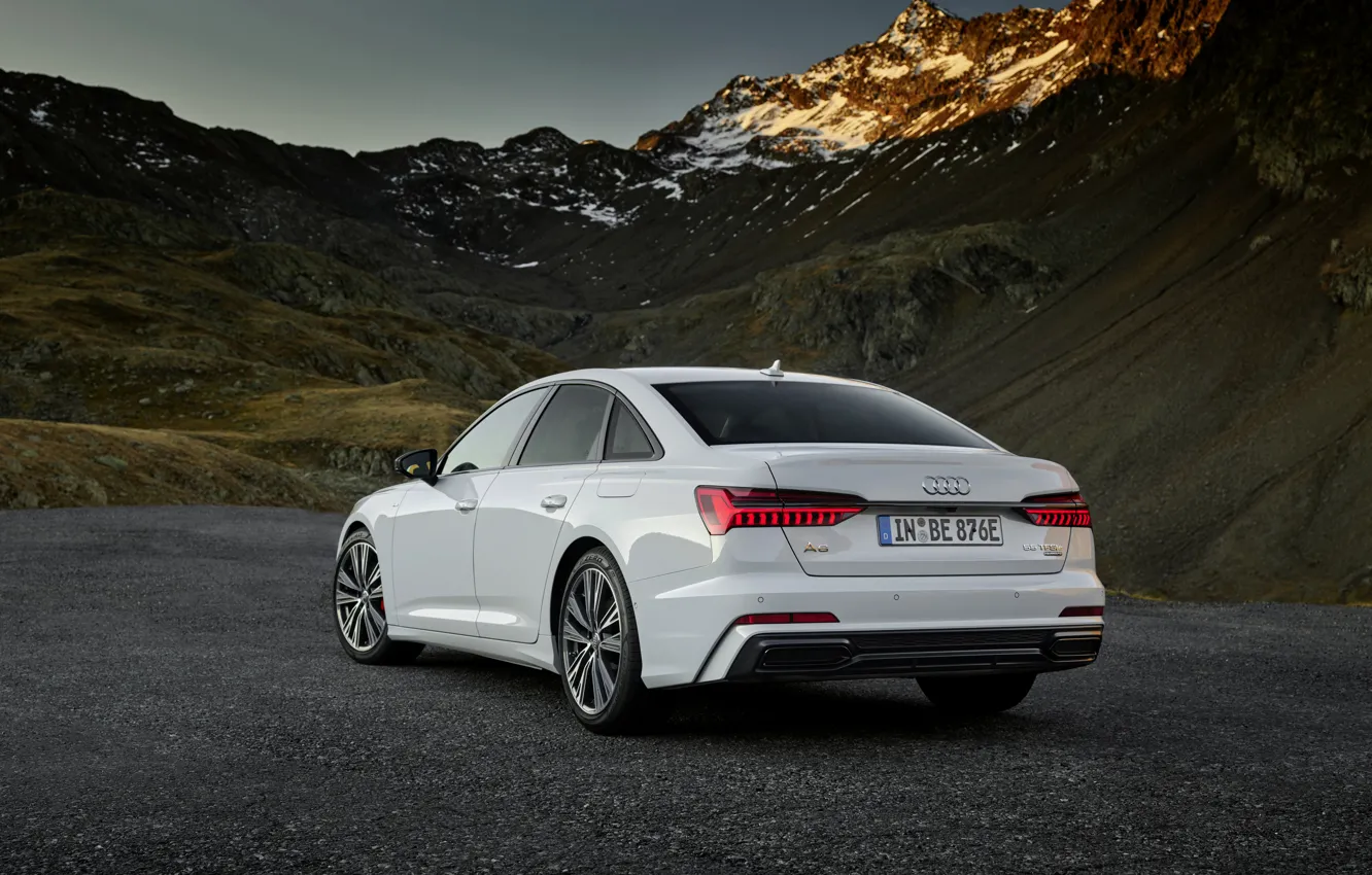 Photo wallpaper white, mountains, Audi, sedan, hybrid, Audi A6, four-door, 2020
