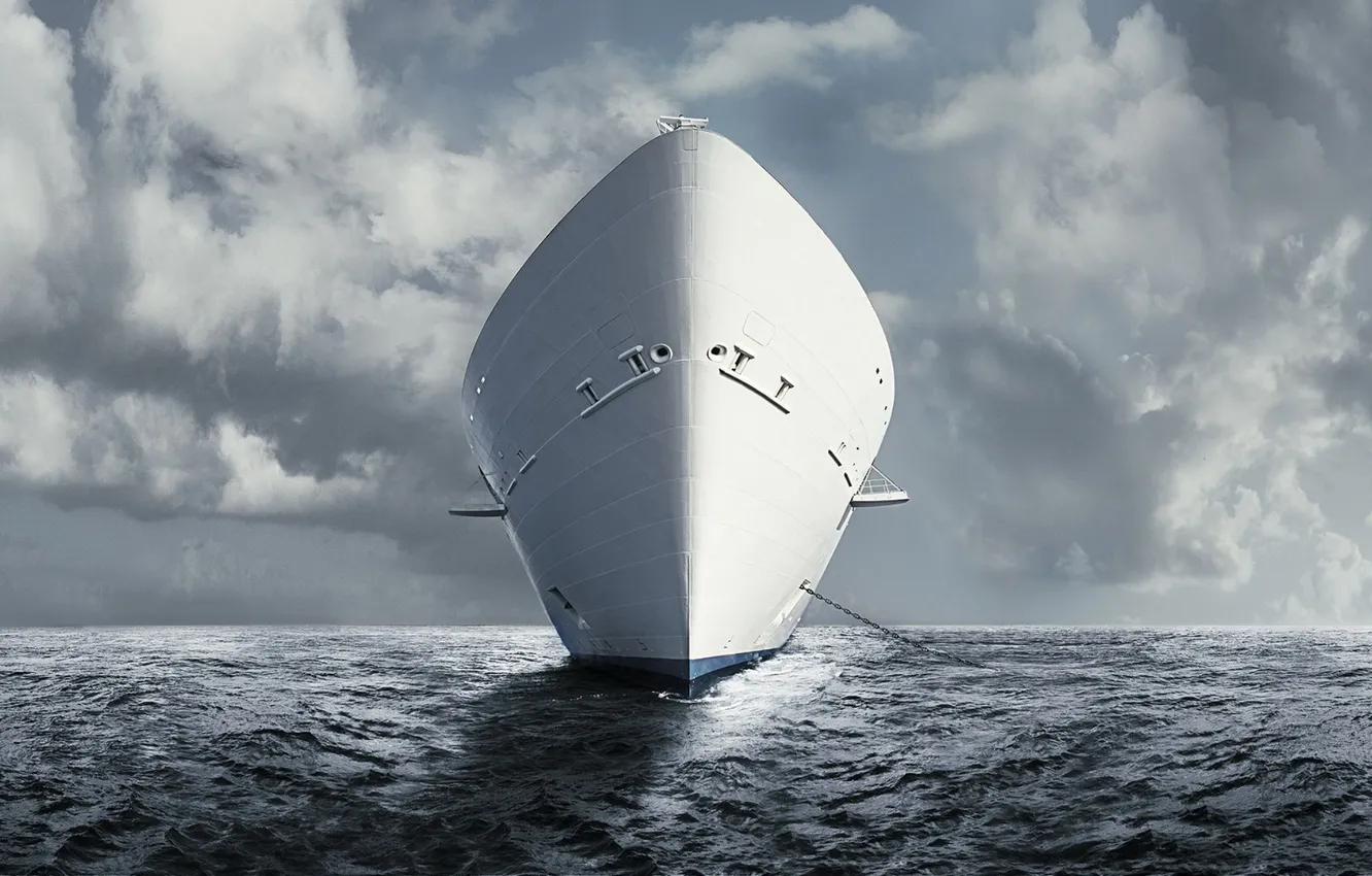 Photo wallpaper sea, the sky, clouds, the ocean, ship, horizon, chain, case