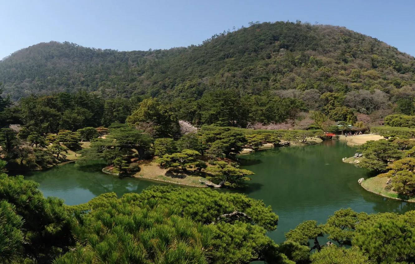 Photo wallpaper landscape, nature, pond, photo, Japan, garden, Takamatsu Ritsu? garden