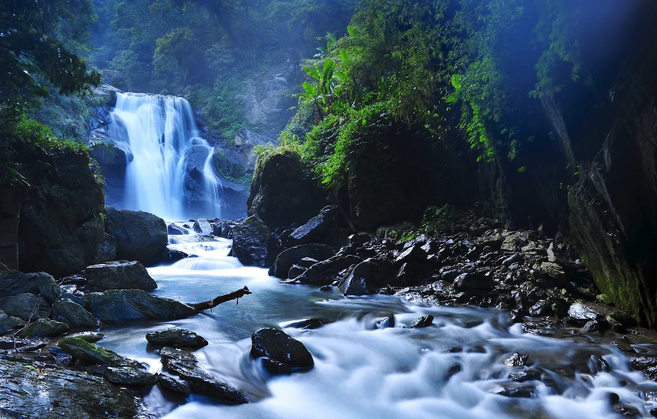 Photo wallpaper landscape, nature, river, stones, waterfall