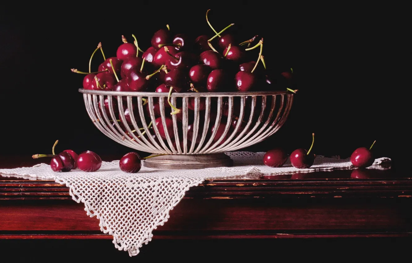 Photo wallpaper basket, cherry, tablecloth