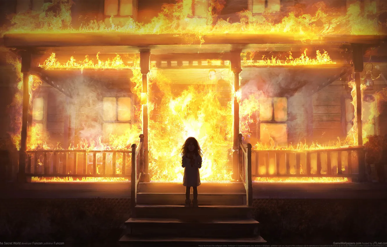Photo wallpaper lights, fire, building, girl, The Secret World, game wallpapers