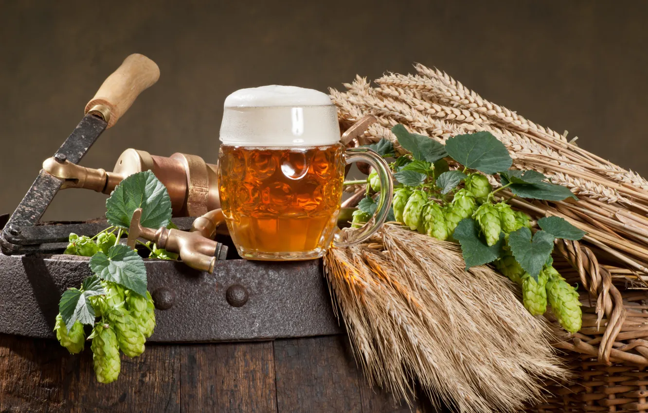 Photo wallpaper wheat, foam, beer, mug, ears, barrel, tap, hops