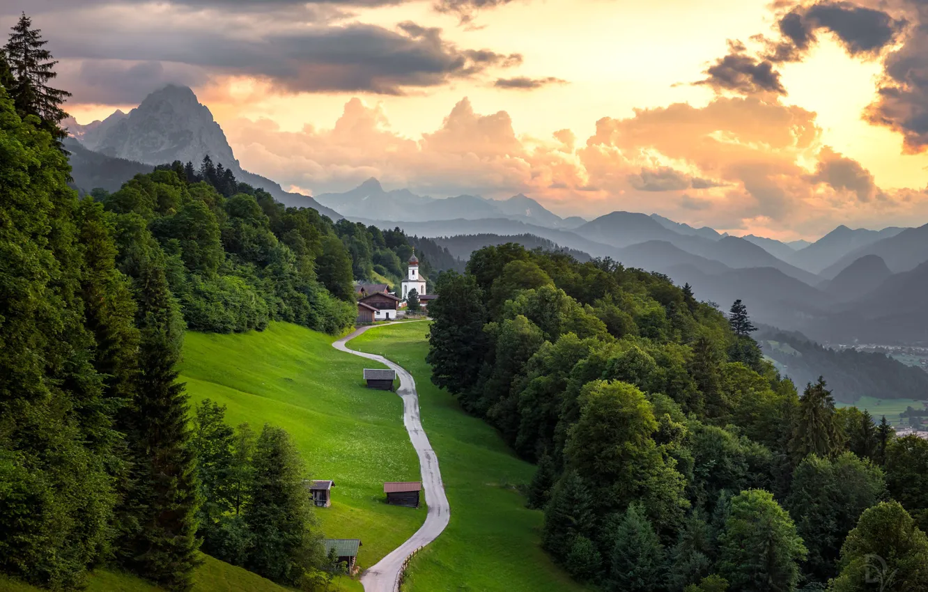 Photo wallpaper road, landscape, mountains, nature, Germany, Church, the village, forest