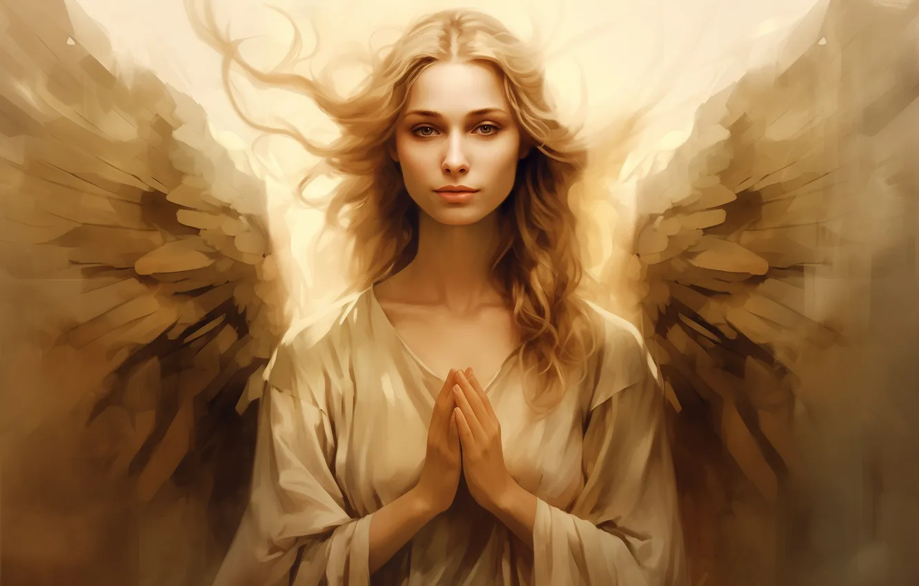 Photo wallpaper look, girl, hair, wings, angel, digital art, AI art, The Art of Artificial Intelligence