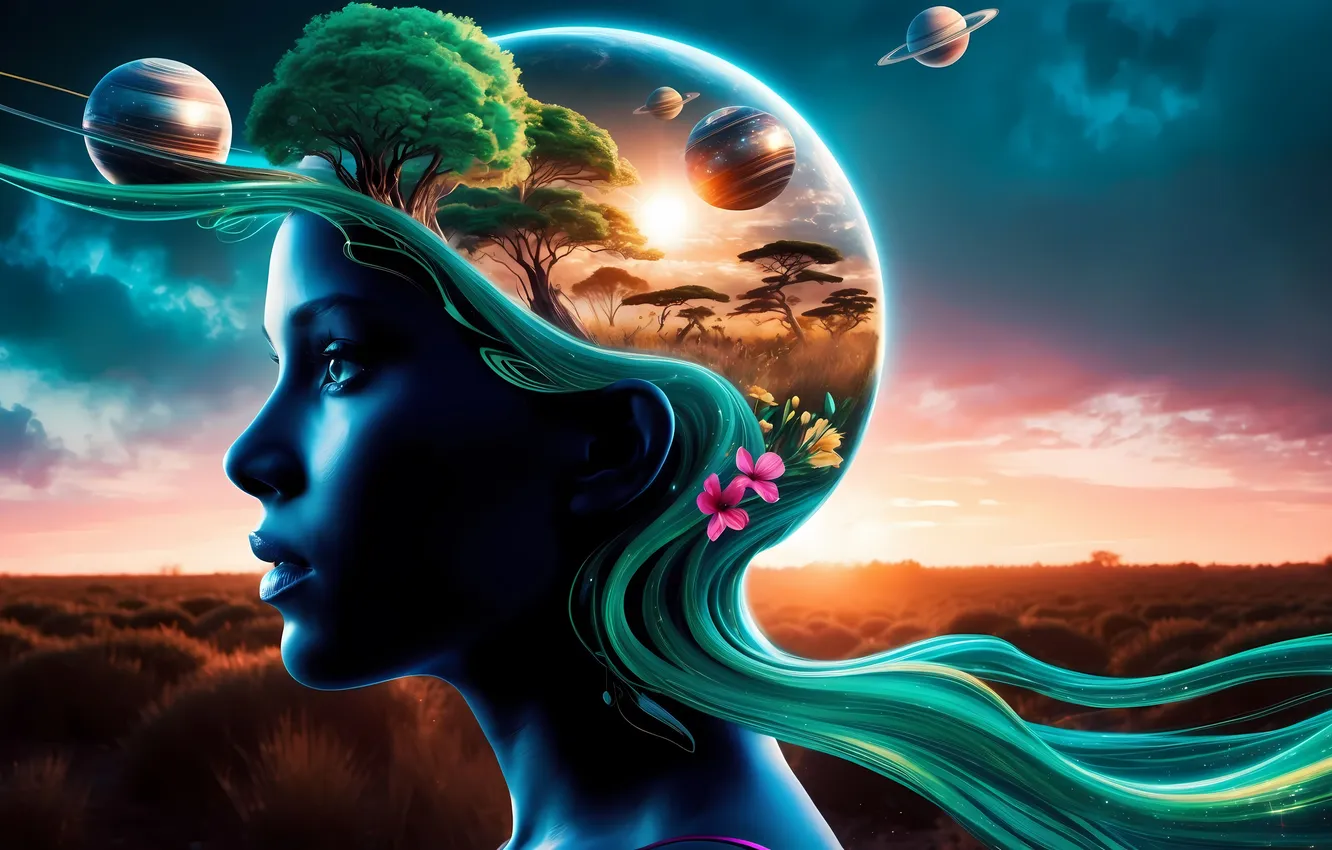 Photo wallpaper Girl, Planet, Dawn, Hair, Creative, Digital art, AI art, The Art of Artificial Intelligence