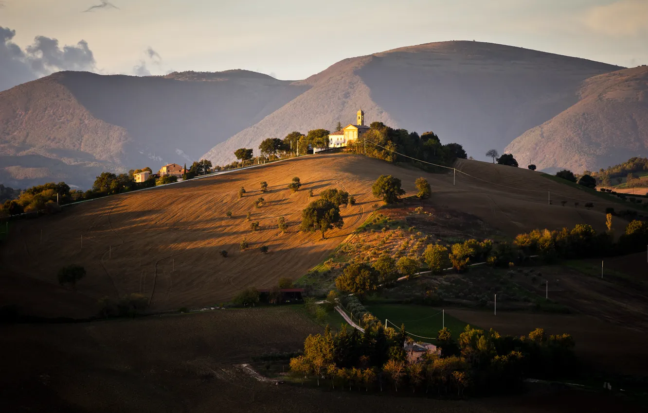Photo wallpaper field, trees, hills, home, Italy