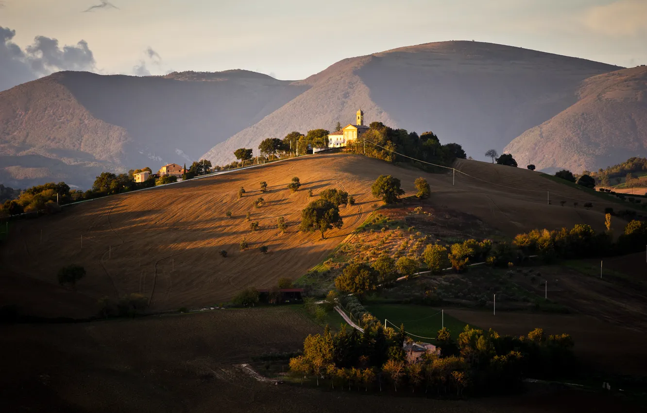 Photo wallpaper trees, hills, field, home, Italy