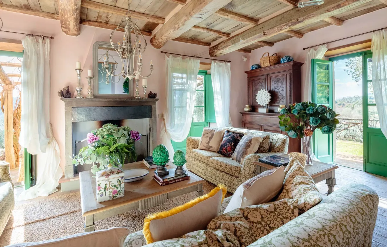 Photo wallpaper design, room, interior, fireplace, living room, Provence style