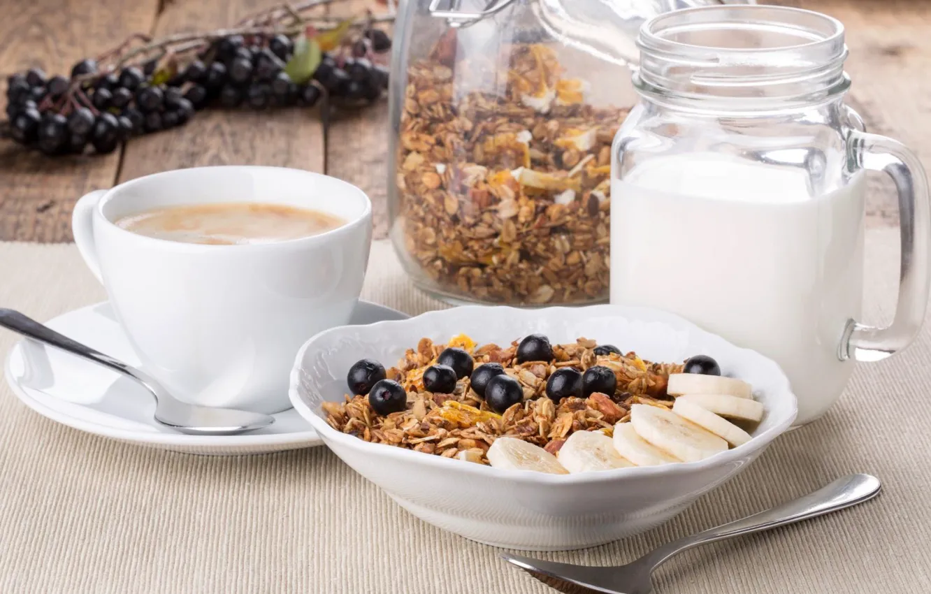 Photo wallpaper berries, coffee, Breakfast, banana, granola