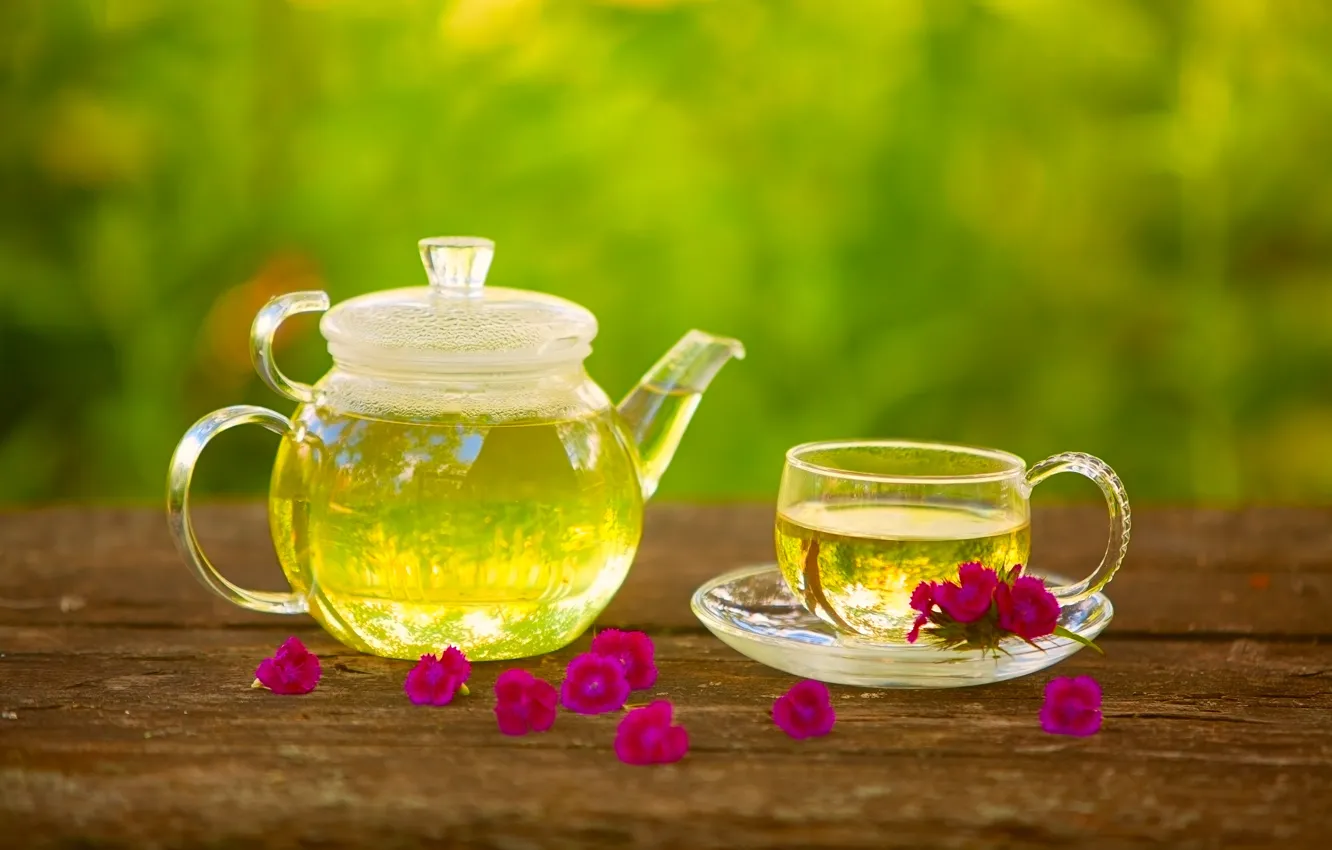 Photo wallpaper flowers, green, tea, drink