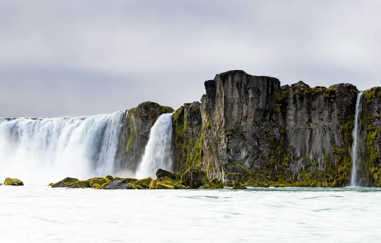 Photo wallpaper rocks, island, Godafoss Falls, Iceland, waterfall, long exposure, water, moss