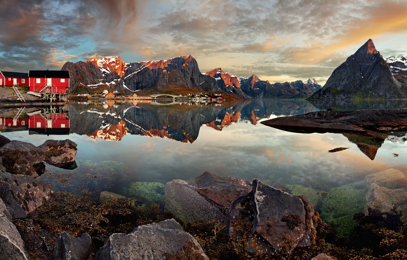 Photo wallpaper the sky, water, clouds, mountains, reflection, stones, rocks, shore