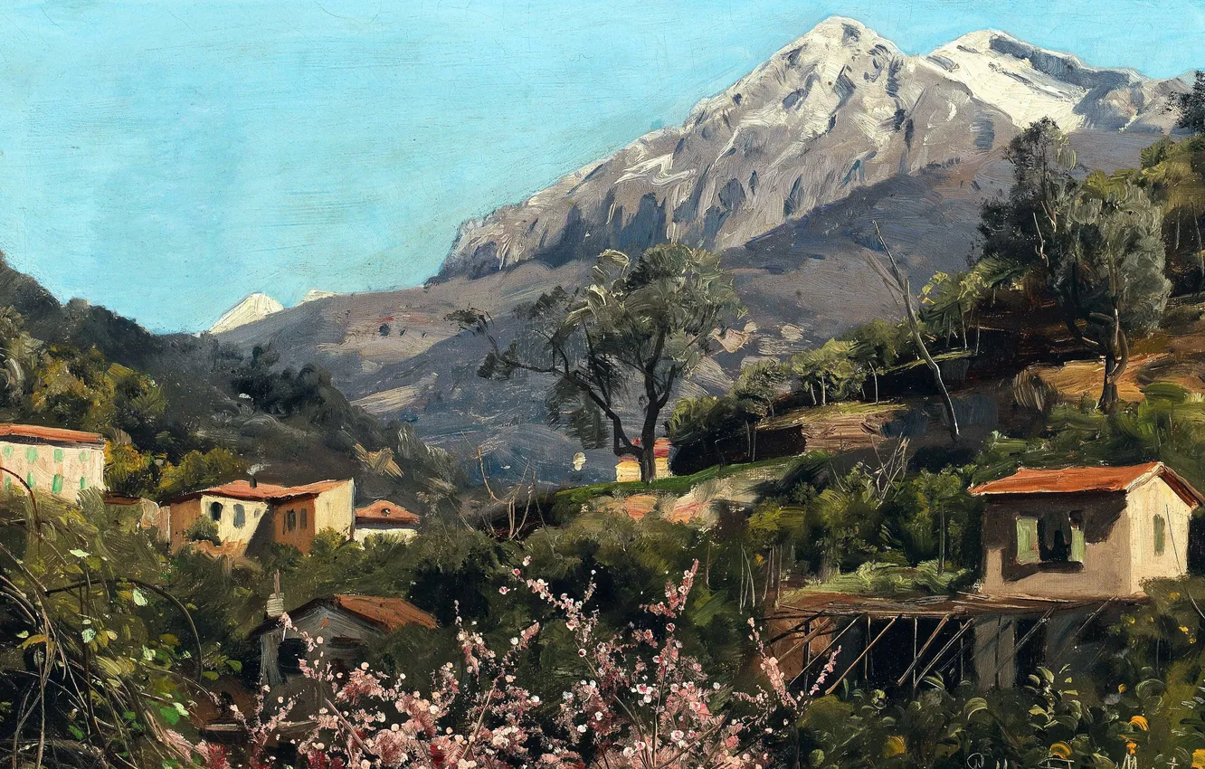Photo wallpaper Home, Trees, Mountain, Picture, Peder Mork Monsted, Danish painter, Peder Mork Monsted, On the Cote …