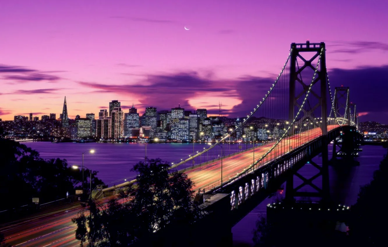 Photo wallpaper Sunset, The moon, San-Francisco, Oakland_Bay_Bridge, Illumination