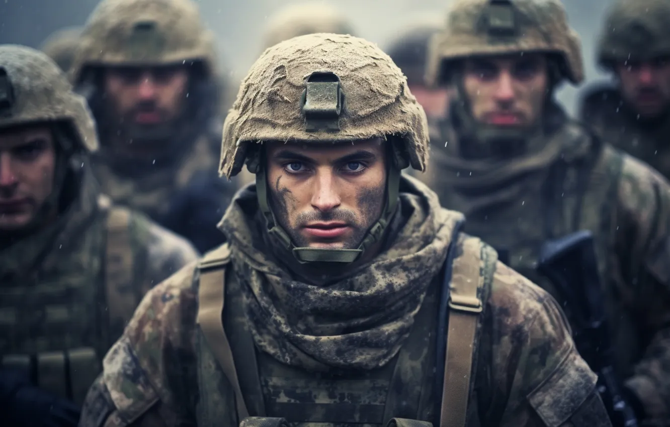 Photo wallpaper look, soldiers, male, equipment, helmet, digital art, AI art, The Art of Artificial Intelligence