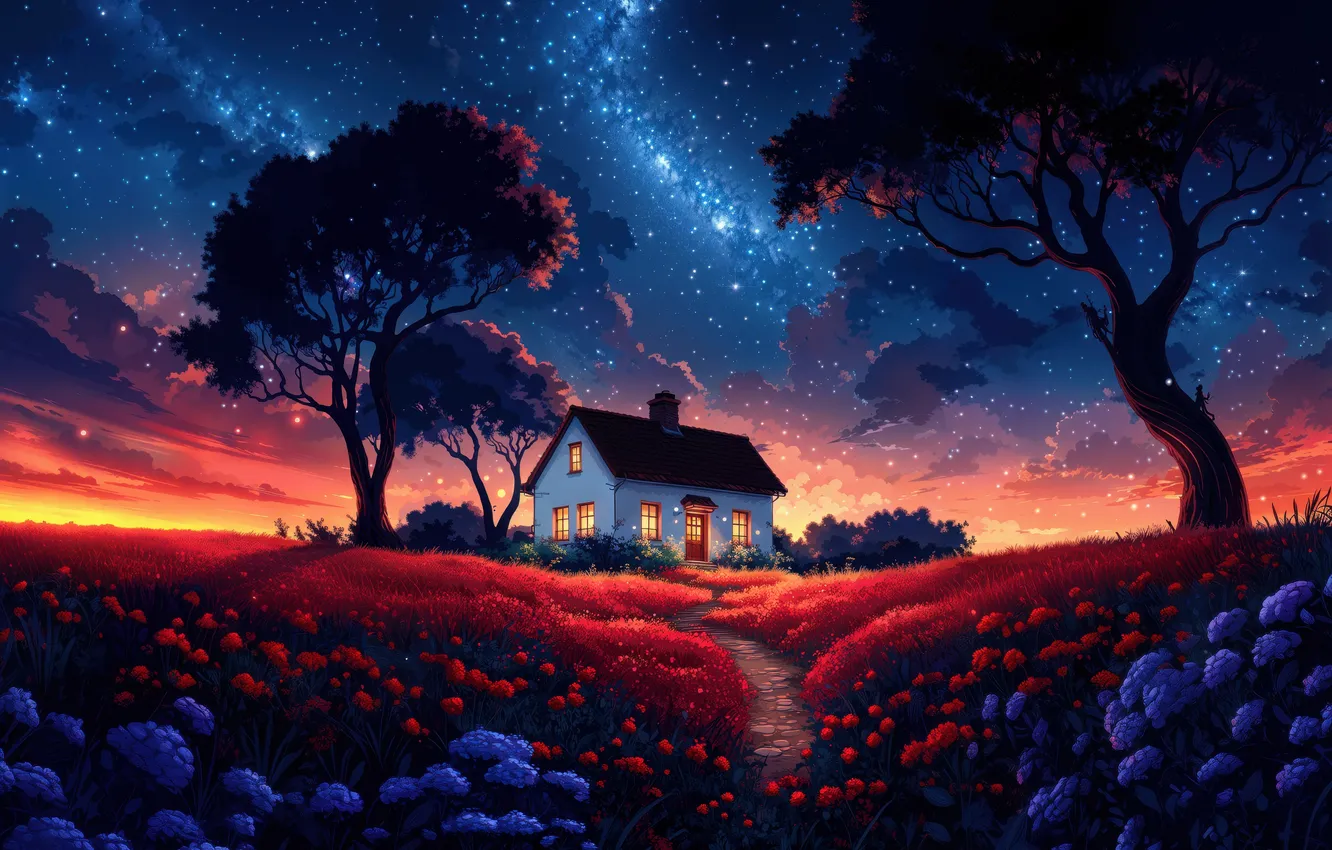 Photo wallpaper house, landscape, nature, night, scenery, Milky Way, surreal, Aesthetic